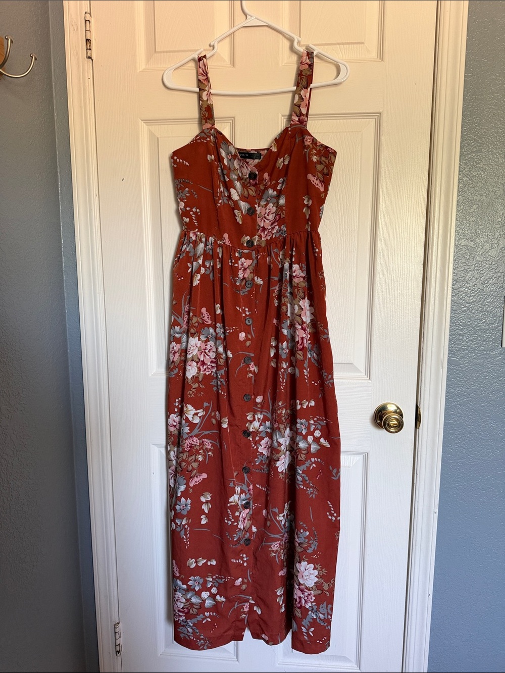 SHEIN Rust Floral Button-Front Maxi Dress